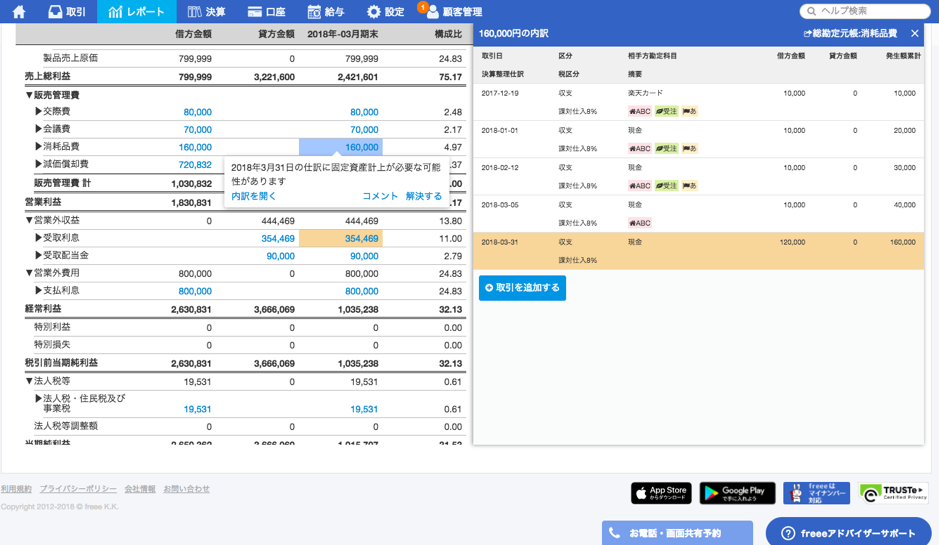 クラウド会計freee10万円以上の消耗品費についての固定資産計上アラート画面